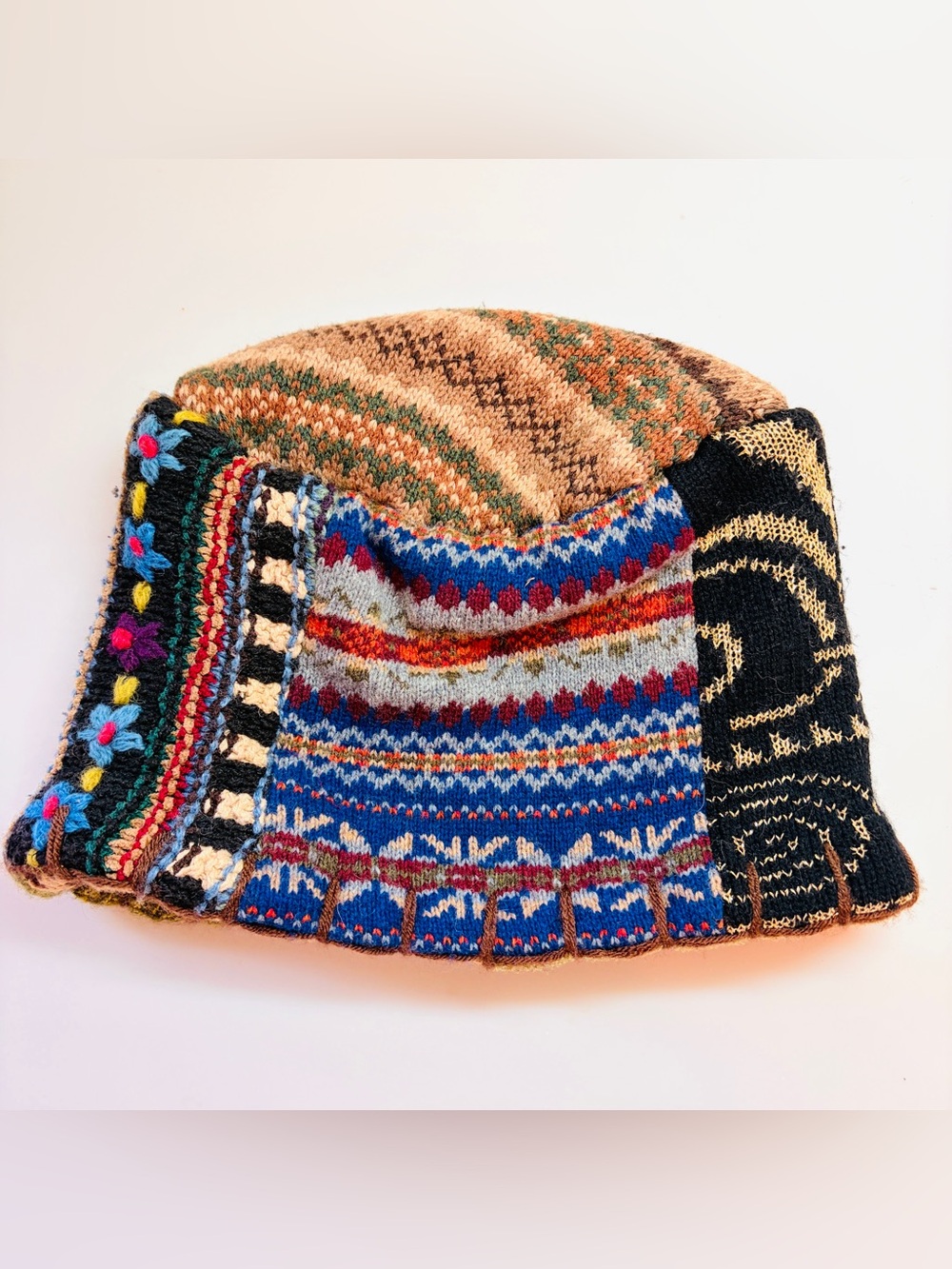Vintage Patchwork Knit Bucket Hat Boho Floral Embroidered Fair Isle Sweater Cap